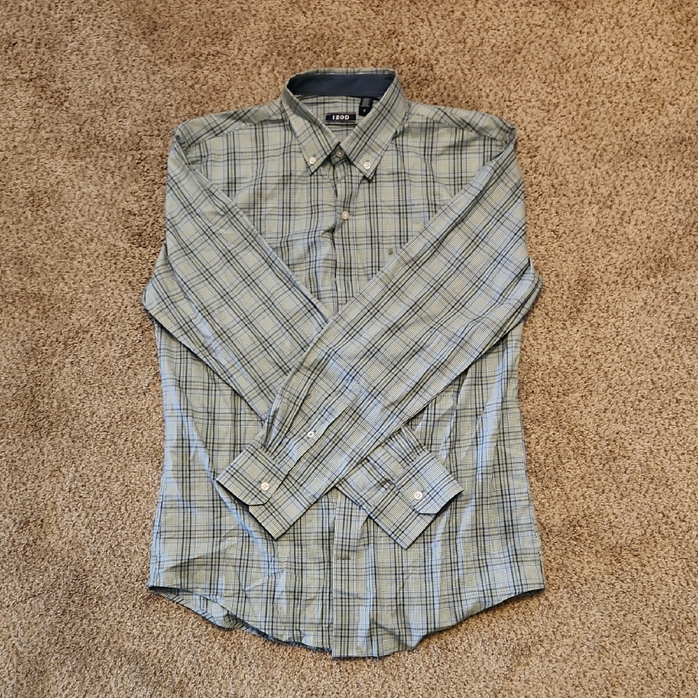 Izod Men's Light Green and Blue Plaid Button-Down Shirt
